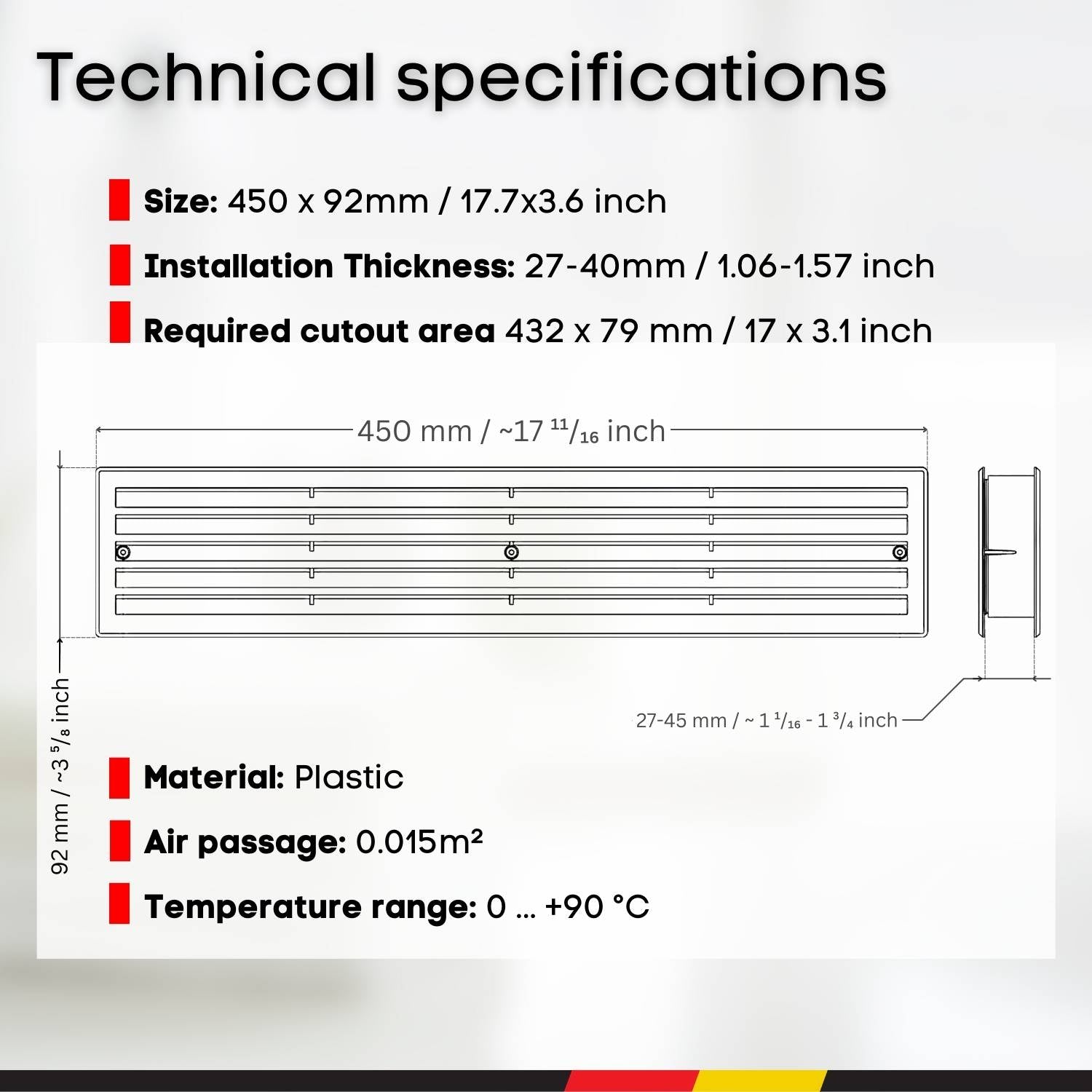 White - 450x92mm - Without screws - Two Sided Door Ventilation Grille - Door Air Vent Cover