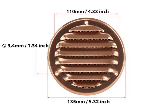 Copper - Ø 100 mm / 4 inch - Round Metal Air Vent Grille Cover with Insect Screen