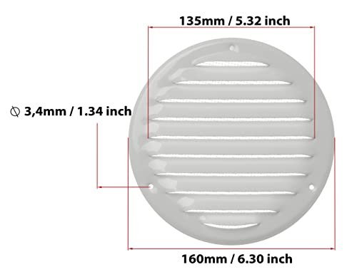 White - Ø 125 mm / 5 inch - Round Metal Air Vent Grille Cover with Insect Screen