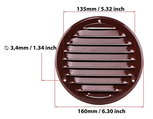 Brown - Ø 125 mm / 5 inch - Round Metal Air Vent Grille Cover with Insect Screen