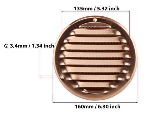 Copper - Ø 125 mm / 5 inch - Round Metal Air Vent Grille Cover with Insect Screen