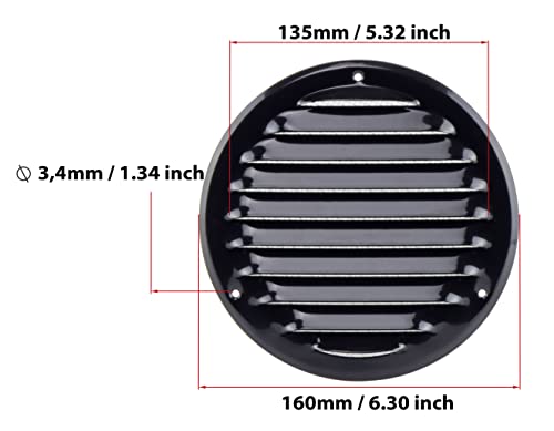 Black - Ø 125 mm / 5 inch - Round Metal Air Vent Grille Cover with Insect Screen