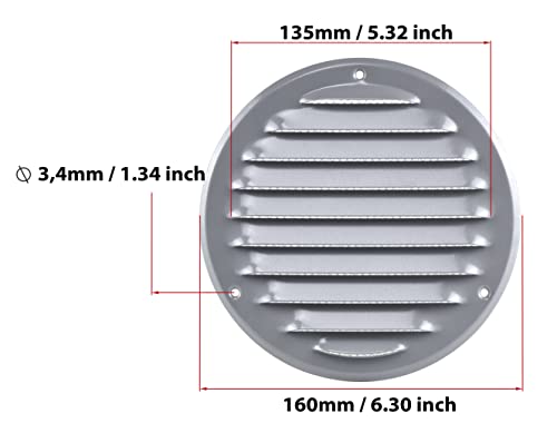 Grey - Ø 125 mm / 5 inch - Round Metal Air Vent Grille Cover with Insect Screen