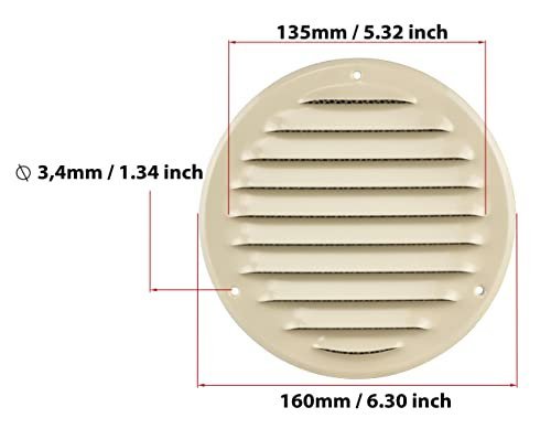 Beige - Ø 125 mm / 5 inch - Round Metal Air Vent Grille Cover with Insect Screen