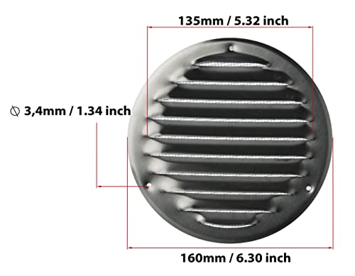 Stainless Steel - Ø 125 mm / 5 inch - Round Metal Air Vent Grille Cover with Insect Screen