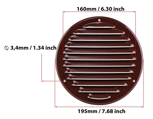 Brown - Ø 160 mm / 6 inch - Round Metal Air Vent Grille Cover with Insect Screen