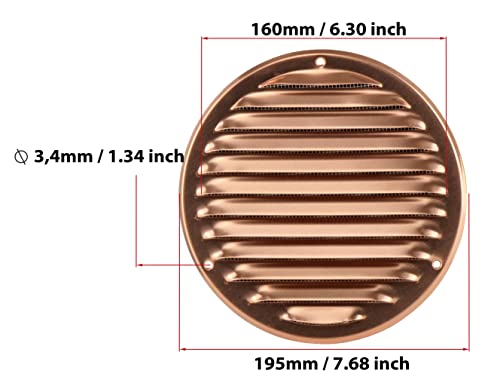 Copper - Ø 160 mm / 6 inch - Round Metal Air Vent Grille Cover with Insect Screen