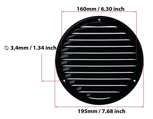 Black - Ø 160 mm / 6 inch - Round Metal Air Vent Grille Cover with Insect Screen