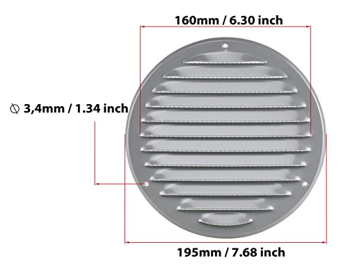 Grey - Ø 160 mm / 6 inch - Round Metal Air Vent Grille Cover with Insect Screen