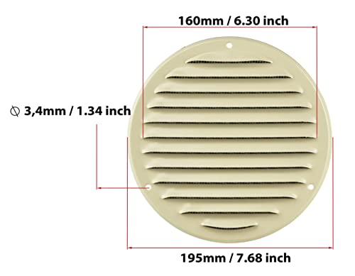 Beige - Ø 160 mm / 6 inch - Round Metal Air Vent Grille Cover with Insect Screen