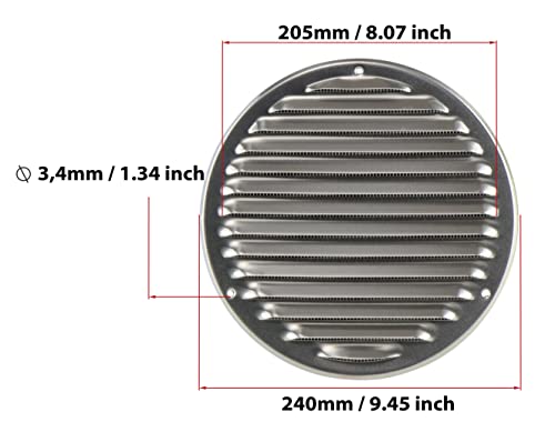 Aluminium - Ø 200 mm / 8 inch - Round Metal Air Vent Grille Cover with Insect Screen