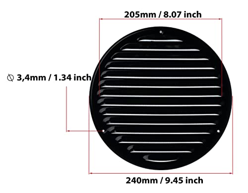 Black - Ø 200 mm / 8 inch - Round Metal Air Vent Grille Cover with Insect Screen