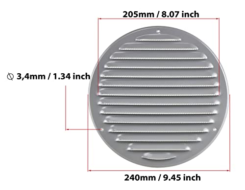 Grey - Ø 200 mm / 8 inch - Round Metal Air Vent Grille Cover with Insect Screen