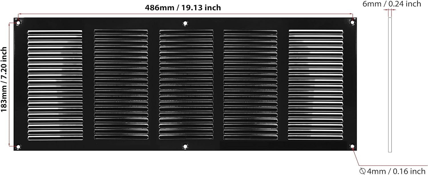 Black - 500x200mm / 20x8 inch - Black Metal Air Vent Cover with Insect Mesh - Ventilation Grilles