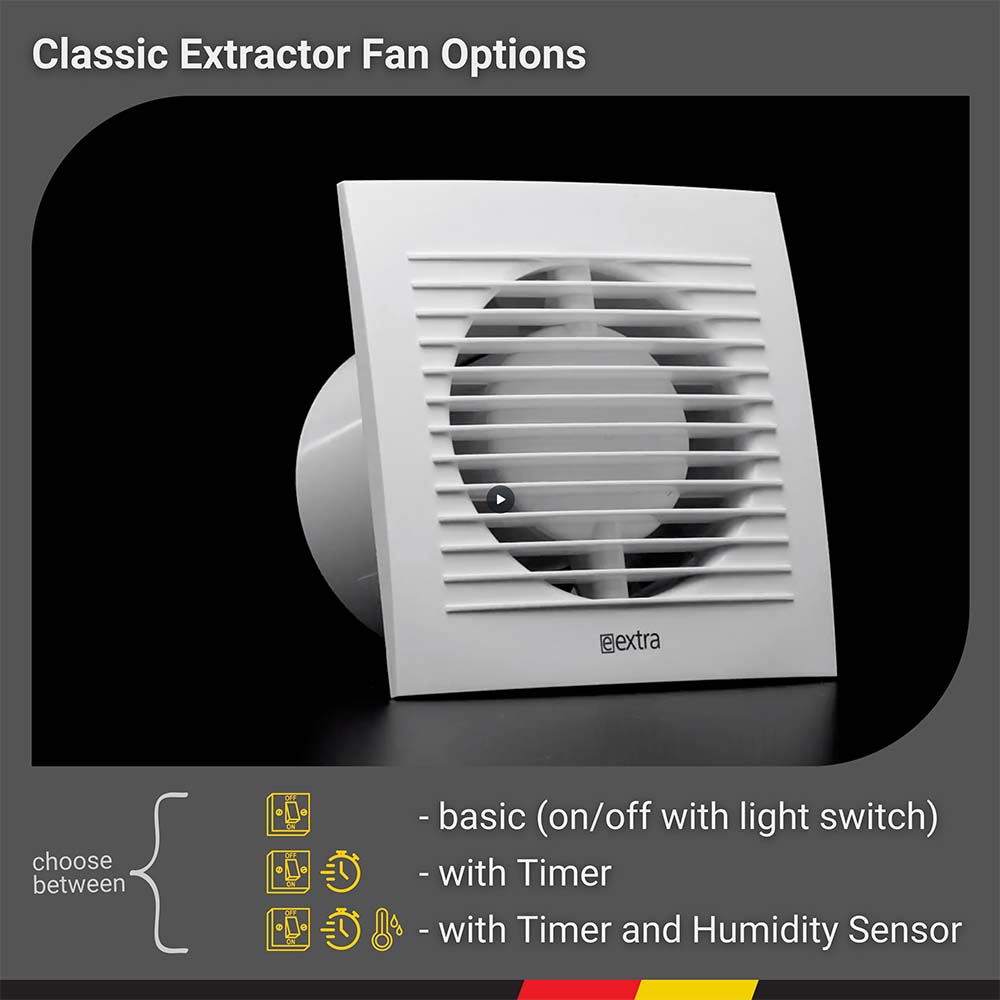 Domestic Classic Style Extractor Fans with Humidity Sensor and Timer ensure air circulation, providing the room with fresh air and a good microclimate. HTS 100mm, 120mm, 125mm