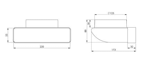 - - 125 mm - 220x55mm Rectangular to Round 90 Degree Bend - Plastic Elbow Adapter