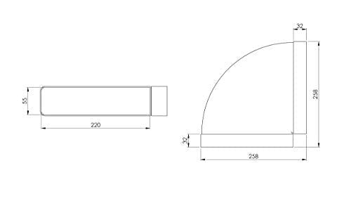 - - 220 x 55 mm Flat Duct Elbow 90° for Ventilation System, Exhaust Duct or Supply Air Duct