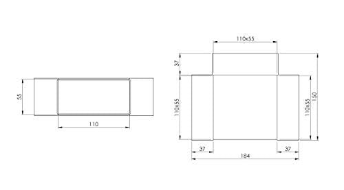 - - 110x55mm T-Piece Connector - Flat Channel Adapter - Rectangular Plastic Ducting