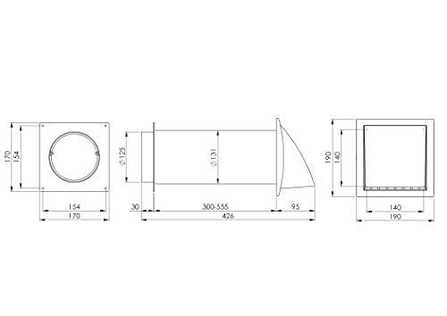 White - Ø 125 mm (5") - Plastic Wall Kit with Cowled Ventilation Grille - Round Telescopic Ventilation Set