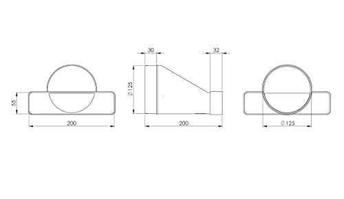 - - 220x55mm - Ø 125mm Flat Channel to Round Pipe Ducting Adaptor - Plastic Straight Connector, Adapter, Reducer