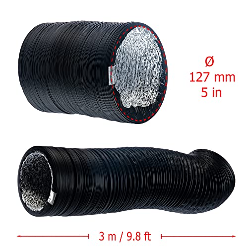 Black - Ø 8 inch / 3m - Flexible Exhaust Hose with Aluminium Insulation - Air Conditioner Hose - Flexible Pipe