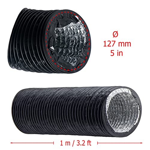 Black - Ø 8 inch / 3m - Flexible Exhaust Hose with Aluminium Insulation - Air Conditioner Hose - Flexible Pipe