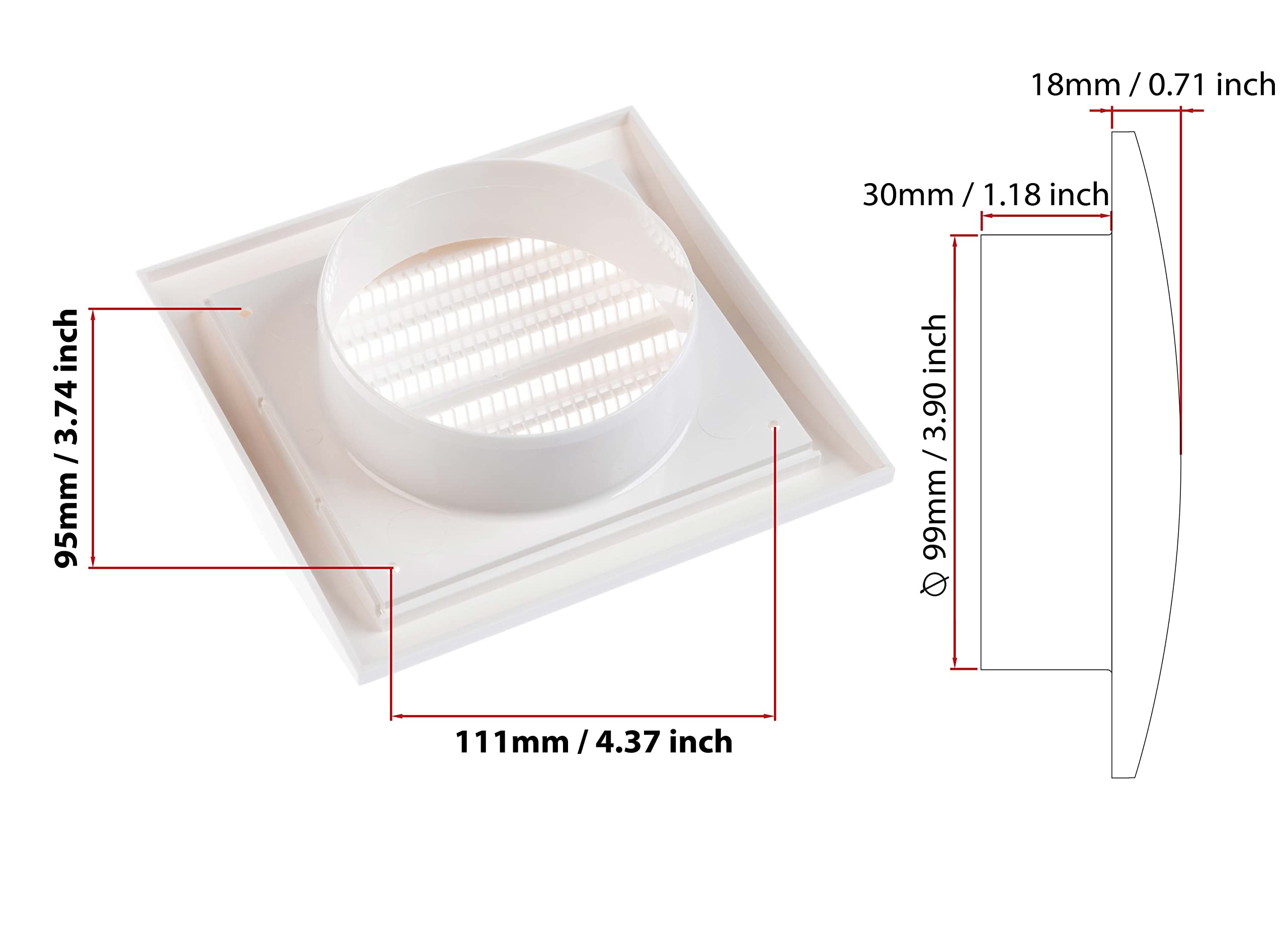 White - Ø 100mm / 4" - Ventilation Grille Made of ABS Plastic with Anti Insect Net with Round Spigot