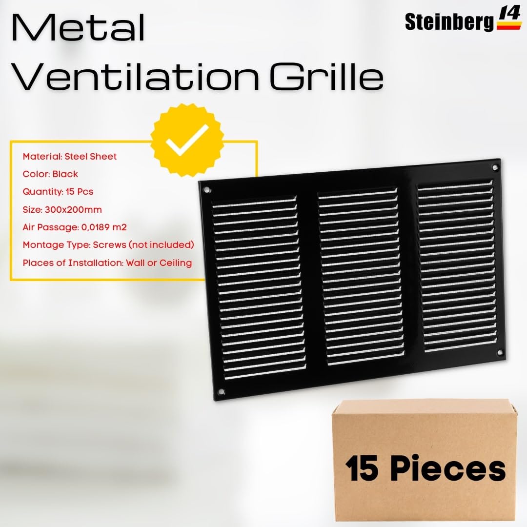 Black - 300x200 mm / 12x8 inch - 15 Pcs Metal Ventilation Grille - 300 x 200 mm / 12 x 8 inch Air Vent Cover