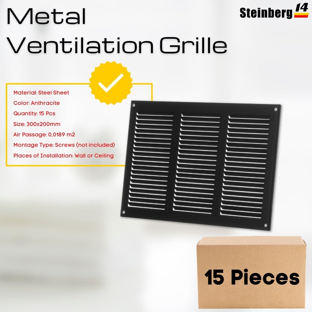 Black - 300x200 mm / 12x8 inch - 15 Pcs Metal Ventilation Grille - 300 x 200 mm / 12 x 8 inch Air Vent Cover