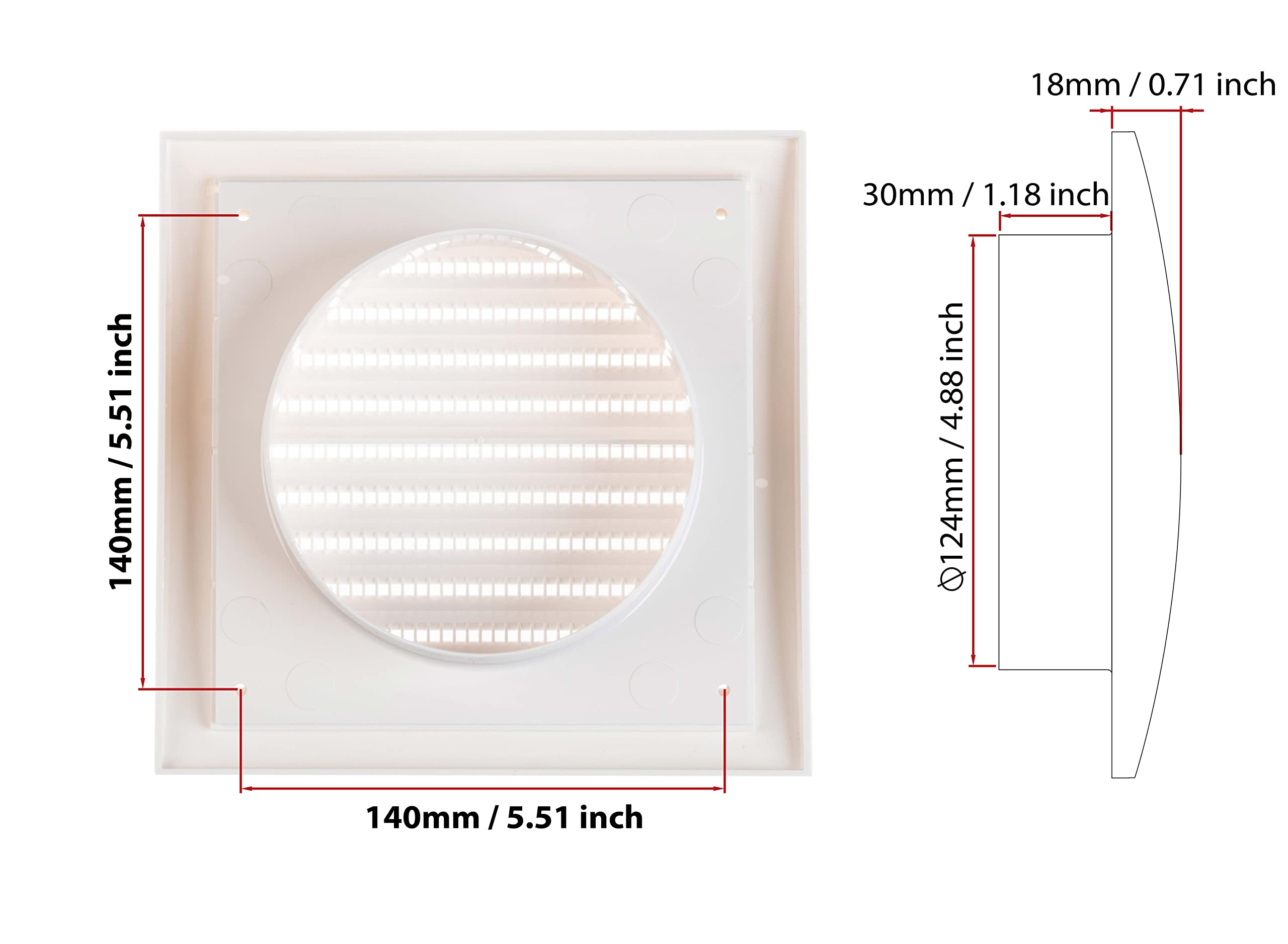 White - Ø 125mm / 5" - Ventilation Grille Made of ABS Plastic with Anti Insect Net with Round Spigot