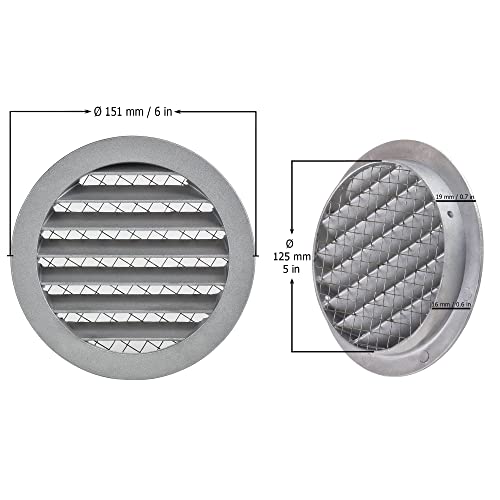 Aluminum - Ø 125mm / 5 inch - Weather Protection Grille - Round Ventilation Grille Exhaust Grille with Mouse Protection Mesh