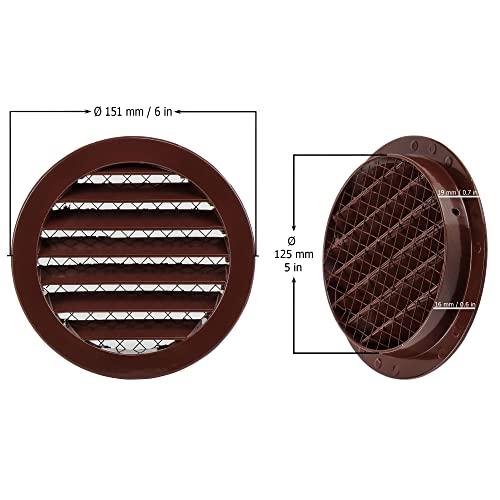 Brown - Ø 125mm / 5 inch - Weather Protection Grille - Round Ventilation Grille Exhaust Grille with Mouse Protection Mesh