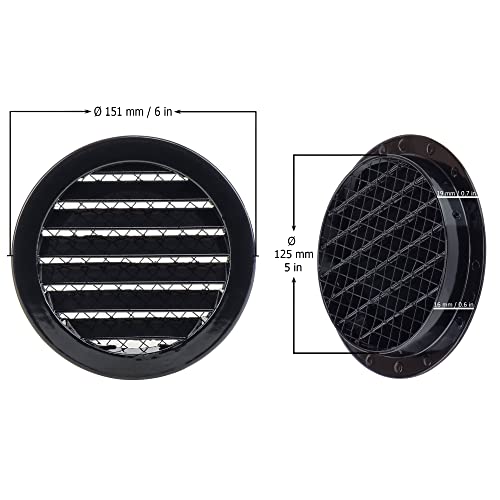 Black - Ø 125mm / 5 inch - Weather Protection Grille - Round Ventilation Grille Exhaust Grille with Mouse Protection Mesh