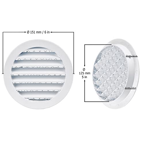 White - Ø 125mm / 5 inch - Weather Protection Grille - Round Ventilation Grille Exhaust Grille with Mouse Protection Mesh