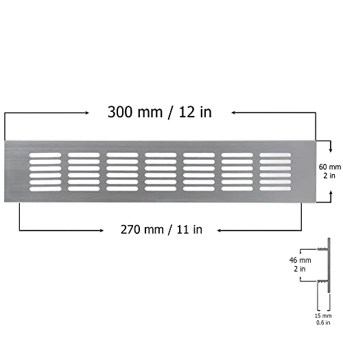 Silver - 300x60mm / 12x2" - Vent Grille Cover for furniture or doors - Air Grate Plinth - Kitchen Worktop Grille - Door Ventilation Grille