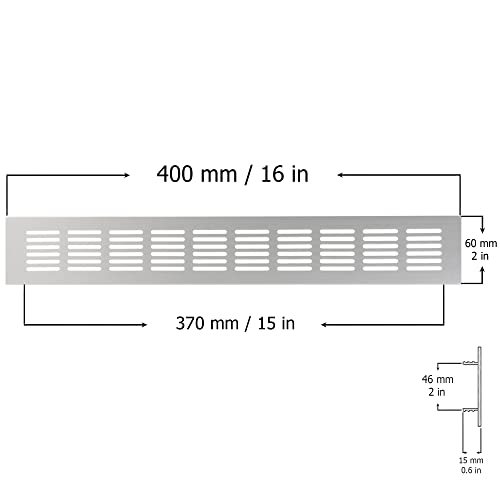 Silver - 400x60mm / 16x2" - Vent Grille Cover for furniture or doors - Air Grate Plinth - Kitchen Worktop Grille - Door Ventilation Grille