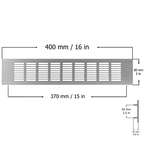 Silver - 400x80mm / 16x3" - Vent Grille Cover for furniture or doors - Air Grate Plinth - Kitchen Worktop Grille - Door Ventilation Grille