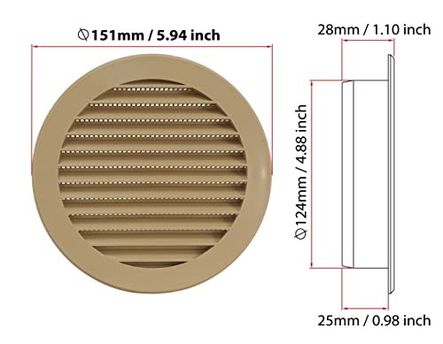 Beige - Ø 125mm / 5" - Plastic Air Vent Grille with Anti-Insect Mesh/Fly Screen